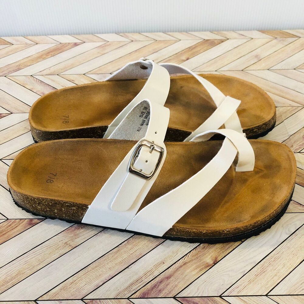 White Brown Toe Loop Strap Buckle Flat Sandals - image 4